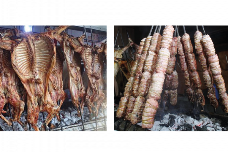 Cabrito a las brasas (cabrito asado a las brasas) y Machito (izquierda), una combinación de vísceras de cabrito. Aquí se encuentran el hígado, el corazón y la parte más grasosa del intestino; estos ingredientes pueden picarse o triturarse para formar la mezcla. Posteriormente, se envuelven en el estómago del cabrito y se amarran con el mismo intestino.